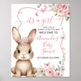 Poster Cute Bunny Baby Shower Girl Pink Floral Welcome