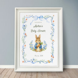Poster Cute Bunny Boy Floral Blue Bow Baby Shower Welcome