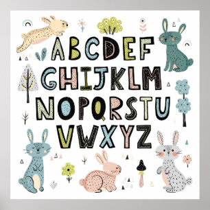 Poster Cute Bunny Rabbit ABC Alphabet Letters Educational