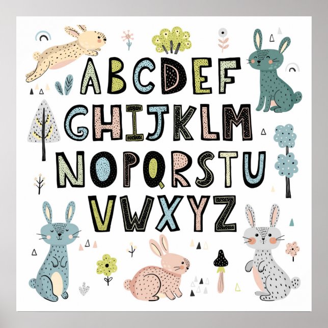 Poster Cute Bunny Rabbit ABC Alphabet Letters Educational (Frente)