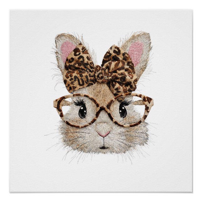 Pôster Cute Bunny Rabbit Face Leopard Coquette Bow Glasse (Frente)