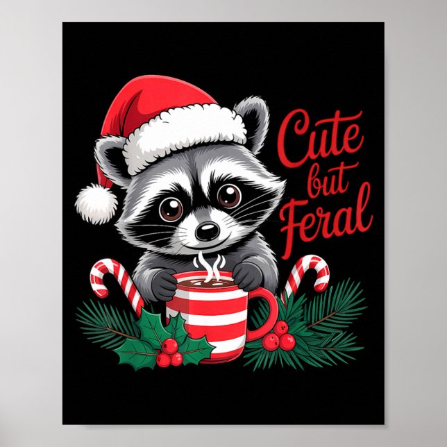 Poster Cute But Feral Raccoon With Santa Hat Xmas Cute Ch (Frente)