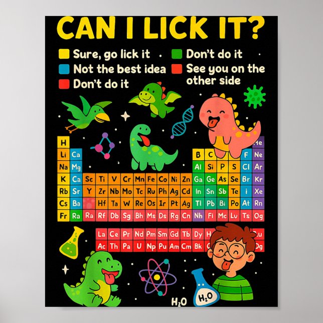 Poster Cute Can I Lick It Dino Periodic Table Science Hum (Frente)