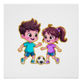 Pôster Cute Cartoon Boy and Girl Playing Soccer Together 