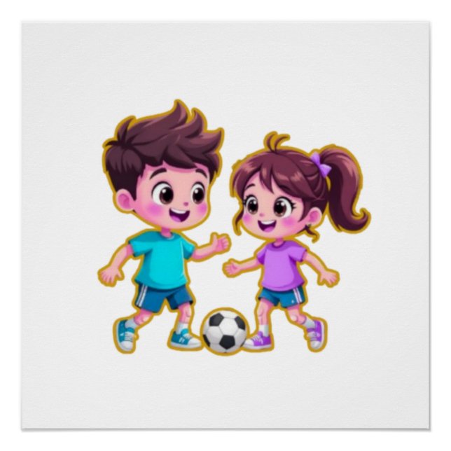 Pôster Cute Cartoon Boy and Girl Playing Soccer Together  (Frente)