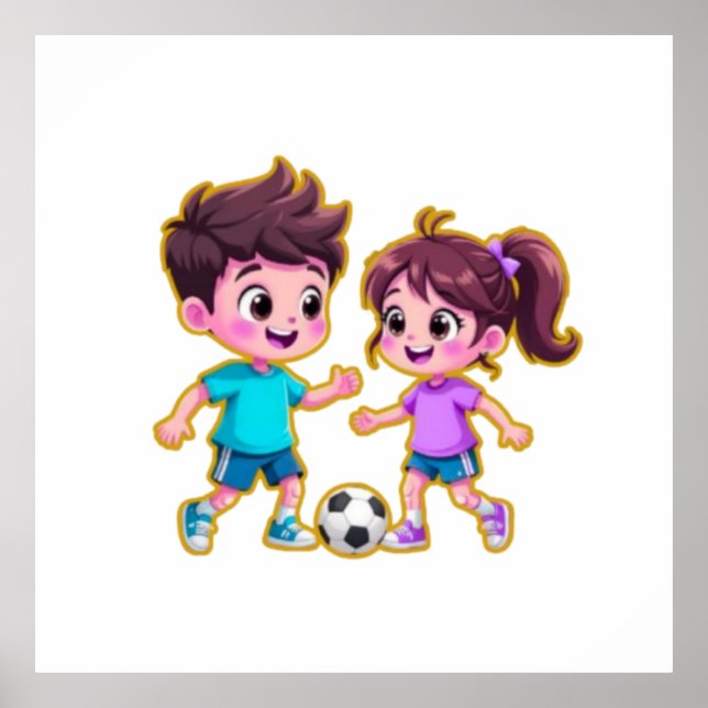 Poster Cute Cartoon Boy and Girl Playing Soccer Together  (Frente)