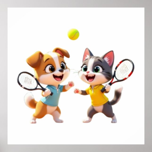Poster Cute Cartoon Dog and Cat Playing Padel Tennis – Fu (Frente)