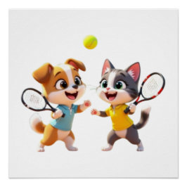 Pôster Cute Cartoon Dog and Cat Playing Padel Tennis – Fu