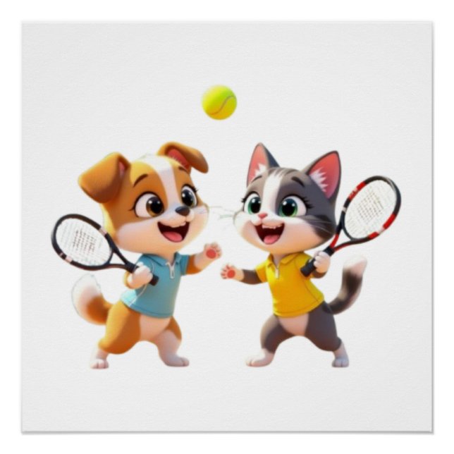Pôster Cute Cartoon Dog and Cat Playing Padel Tennis – Fu (Frente)