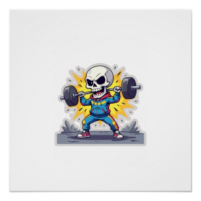 Pôster “Cute Cartoon Skeleton Weightlifter • Funny Gym Ba (Frente)