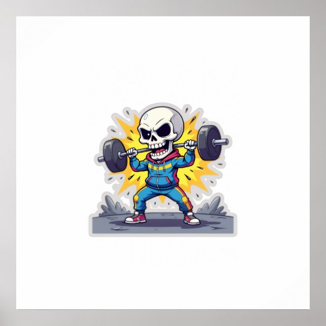 Poster “Cute Cartoon Skeleton Weightlifter • Funny Gym Ba (Frente)