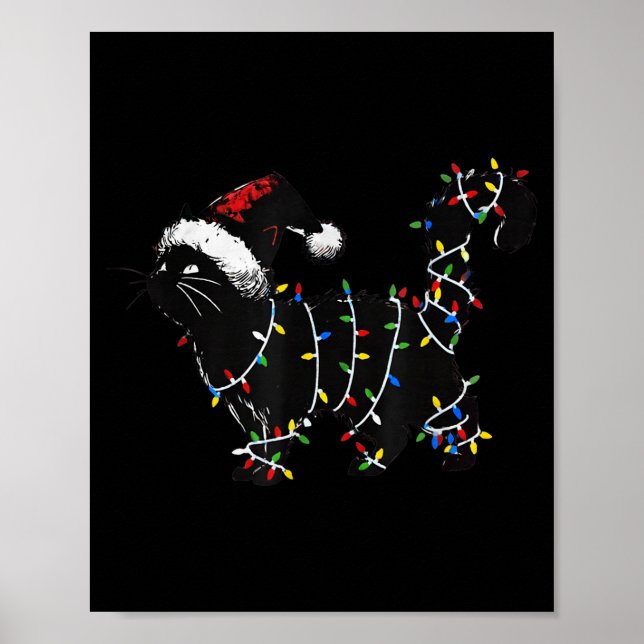 Poster Cute Cat Christmas Tree Lights Funny Santa Kitten  (Frente)
