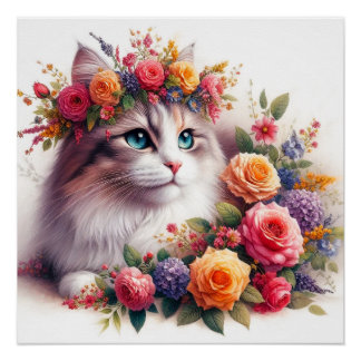 Pôster Cute cat flowers painting