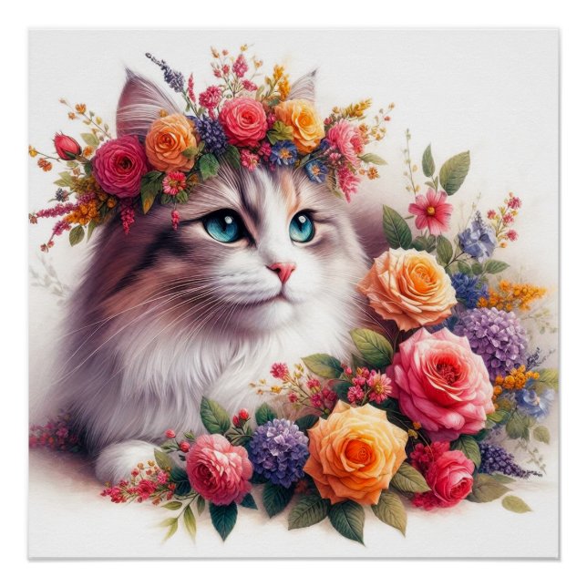 Pôster Cute cat flowers painting (Frente)