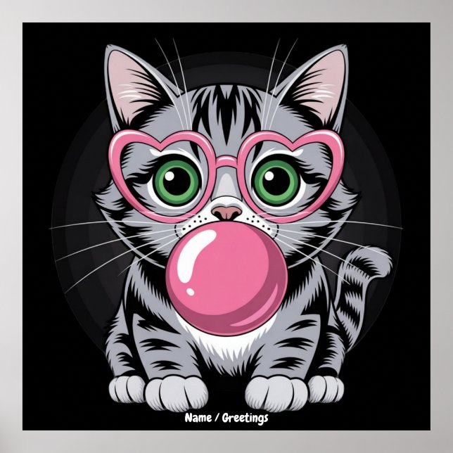 Poster Cute Cat Kitty Eating Gum and Making Bubble Funny (Frente)