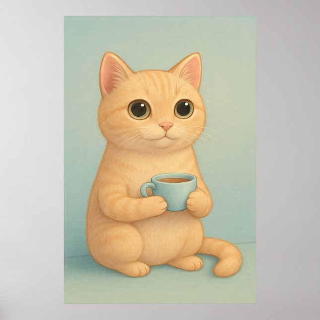 Poster Cute Cat with Coffee Cup – Adorable Pastel Animal (Frente)