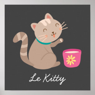 Poster Cute cat with teacup cartoon Le Kitty