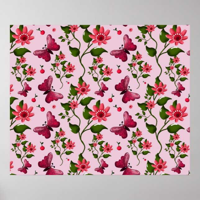 Poster Cute Cherry Butterfly Pattern, Glossy Kawaii Fruit (Frente)