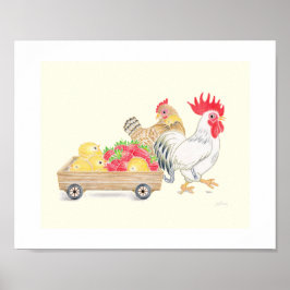 Poster Cute Chicken Family Strawberries Nursery Art  