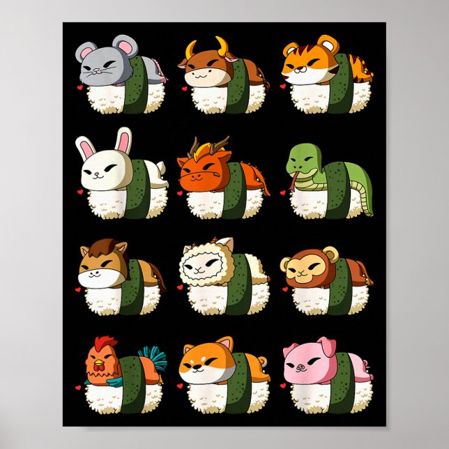Poster Cute Chinese Zodiac Animal Signs Lunar New Year Su (Frente)