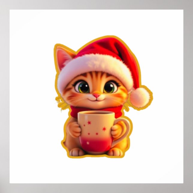 Poster **Cute Christmas Cat with Santa Hat – Funny Holida (Frente)