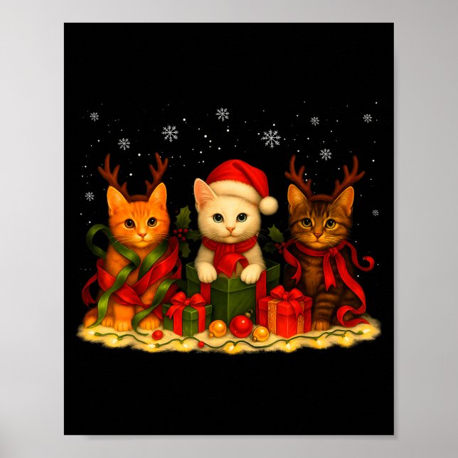 Poster Cute Christmas Cat Xmas Lights Santa Reindeer Cat  (Frente)