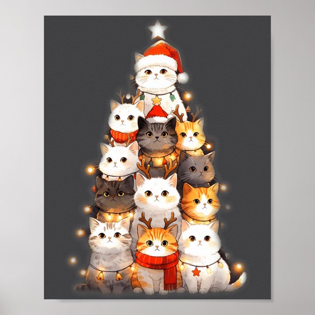 Poster Cute Christmas Cats Tree Lights Holiday Kittens Il (Frente)