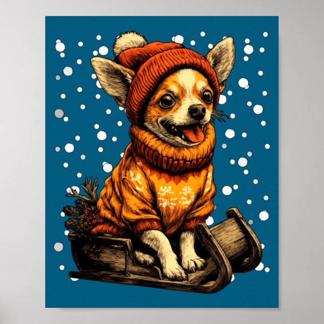 Poster Cute Christmas Chihuahua Sledding In Snow Funny Wi (Frente)