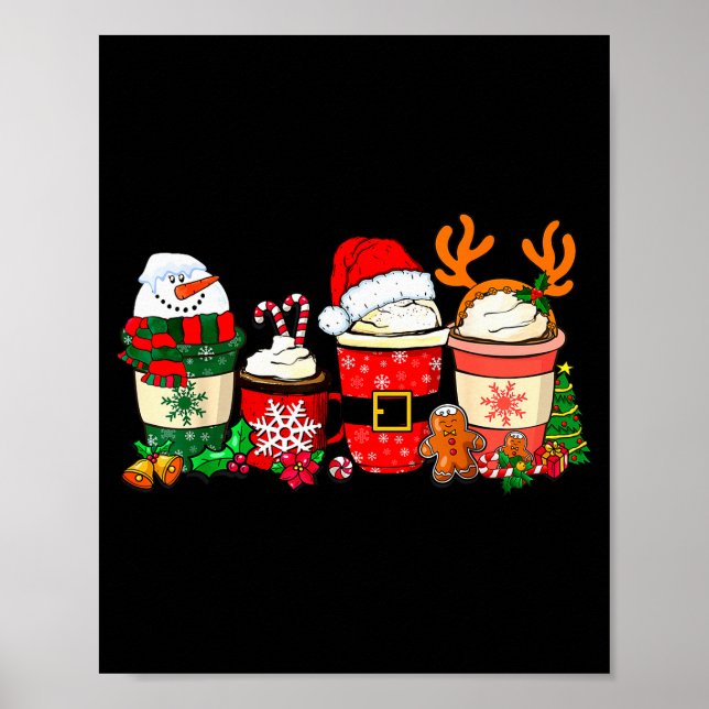 Poster Cute Christmas Coffee Shirt Snowman Deer Santa Cof (Frente)