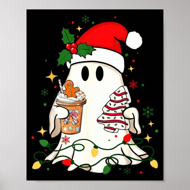 Poster Cute Christmas Ghost Coffee Tree Cake Xmas Lights  (Frente)