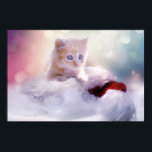 Poster Cute Christmas Kitten Photograph<br><div class="desc">A poster with a photograph of a ginger kitten sitting on a soft white and red Santa hat. Blurry glittering lights bokeh background.</div>