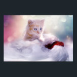 Poster Cute Christmas Kitten Photograph<br><div class="desc">A poster with a photograph of a ginger kitten sitting on a soft white and red Santa hat. Blurry glittering lights bokeh background.</div>