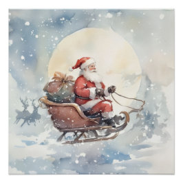 Pôster Cute Christmas santa sleigh cozy Holiday Wall Art