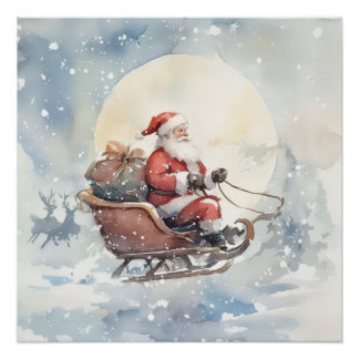 Pôster Cute Christmas santa sleigh cozy Holiday Wall Art