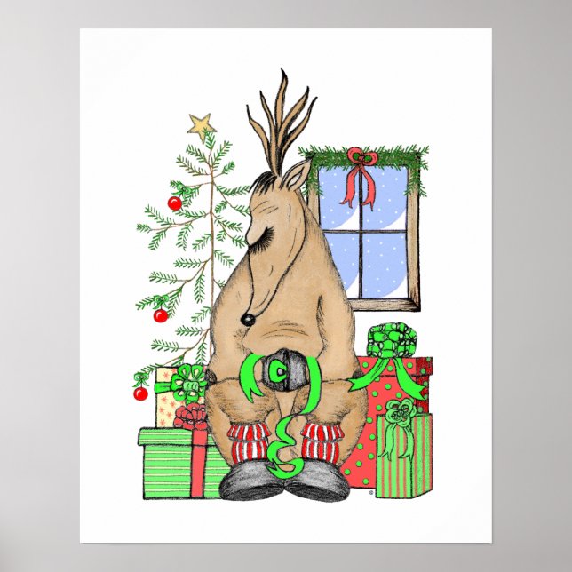 Pôster Cute Christmas Sleepy Reindeer Wrapping Gifts (Frente)