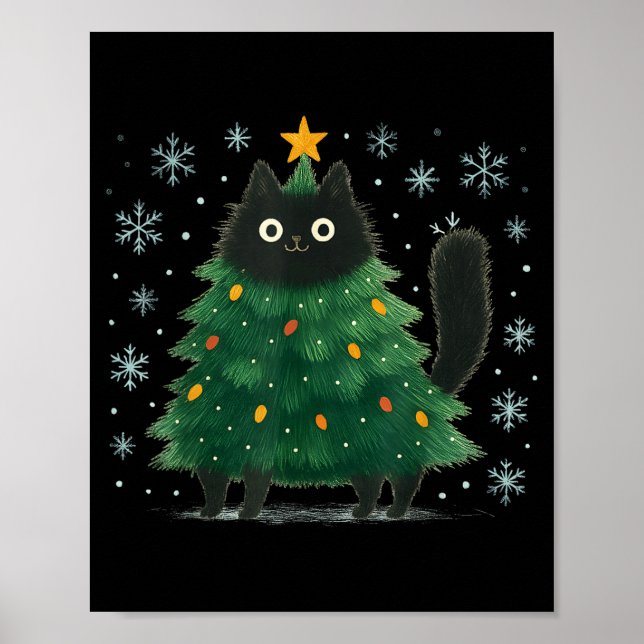 Poster Cute Christmas Tree Cat Funny Holiday Snowflake  (Frente)