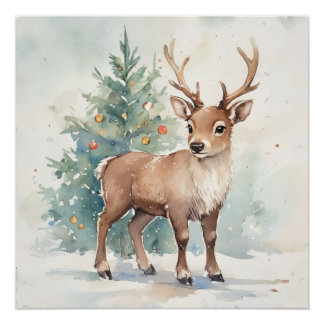 Pôster Cute Christmas tree reindeer cozy Holiday Wall Art