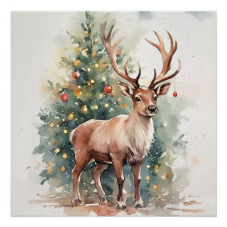 Pôster Cute Christmas tree reindeer cozy Holiday Wall Art