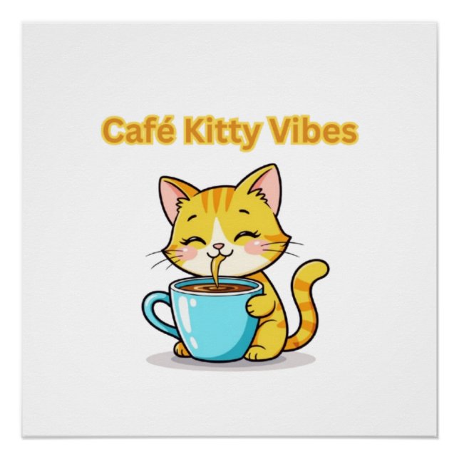 Pôster **Cute Coffee Cat – Adorable Cat Drinking Coffee I (Frente)