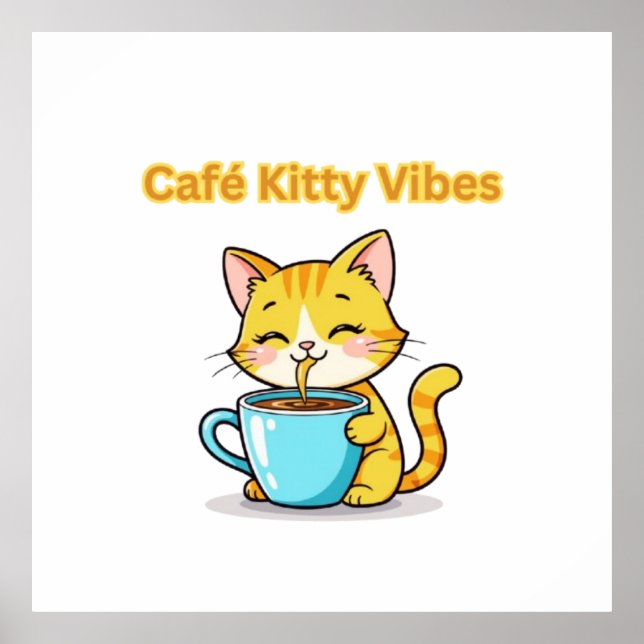 Poster **Cute Coffee Cat – Adorable Cat Drinking Coffee I (Frente)