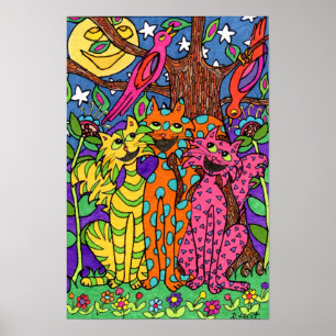 Poster Cute Colorful Cats Singing Moon Cartoon Drawing