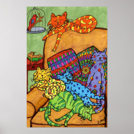 Pôster Cute Colorful Drawing Cats Chair Napping Sleeping
