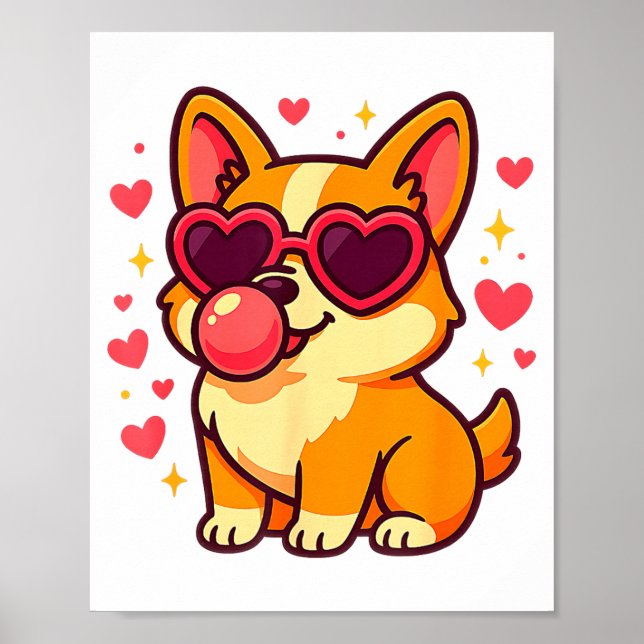 Poster Cute Corgi Valentine Puppy With Heart Sungles  (Frente)