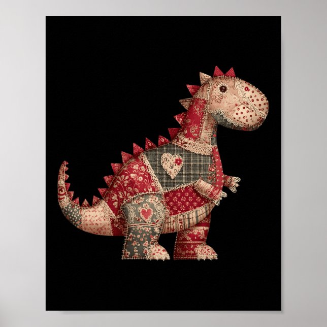 Poster Cute Country Dinosaur Patchwork Hearts Valentine  (Frente)