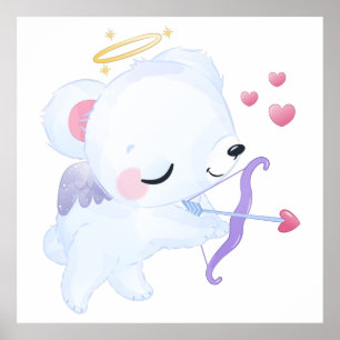 Poster Cute Cupido de Aquarela Urso Polar do Dia dos Namo