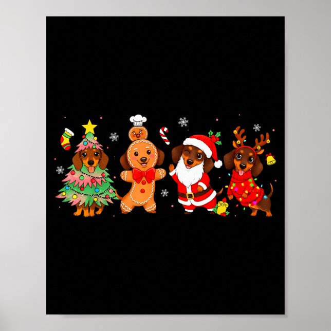 Poster Cute Dachshund Dogs Christmas Tree Gingerbread San (Frente)