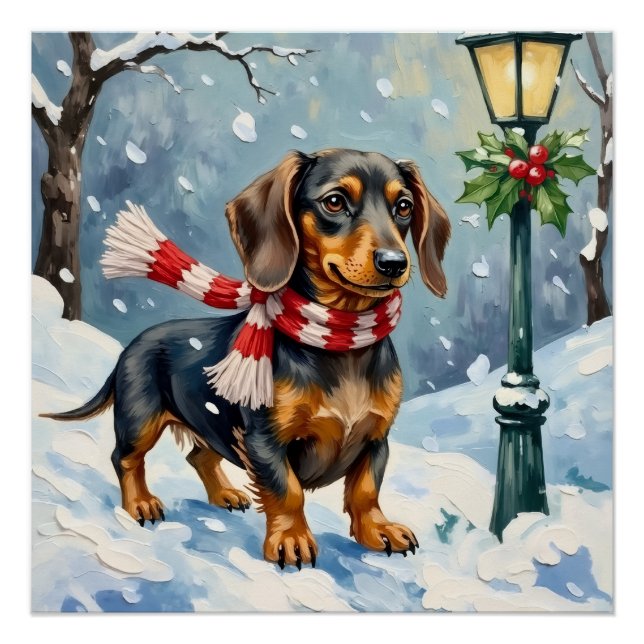 Pôster Cute Dachshund Puppy Cozy Winter Scarf Art (Frente)