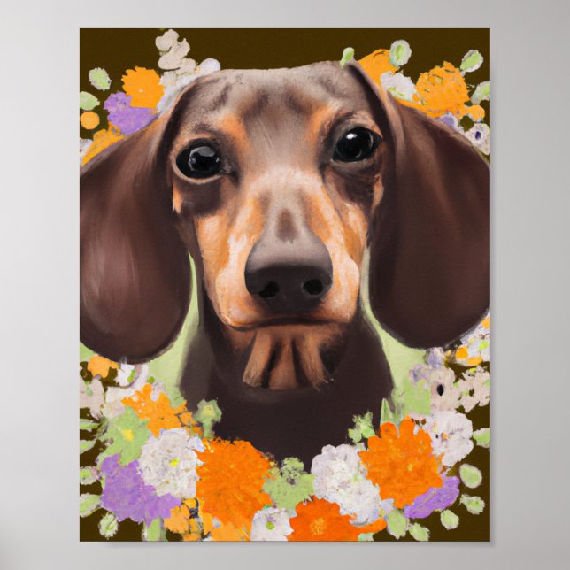 Poster Cute Dachshund Puppy em Flores Sala de Meninas (Frente)