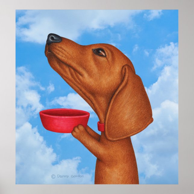 Poster Cute Dachshund Segurando Red Bowl (Frente)