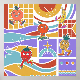 Poster Cute Dancing Fruits Retro